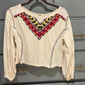 Free People Cream Blouse with Colorful Embroidery